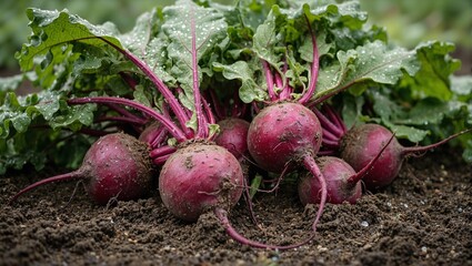 Fresh purple beets on soil with dew dropped green leaves