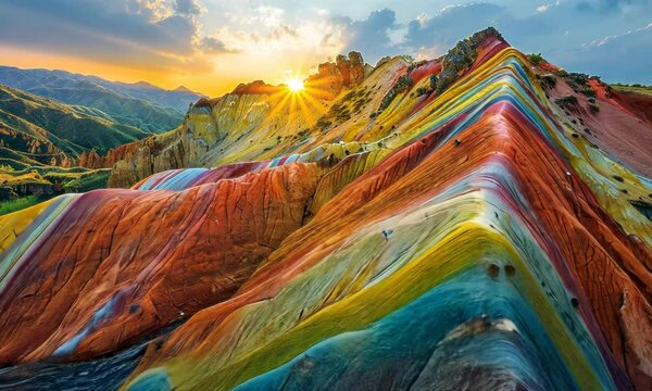 Vinicunca rainbow mountains, panoramic view at sunset
