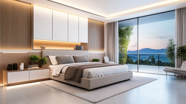 This serene bedroom features a king-size bed, neutral tones, and stunning views of the ocean, perfect for relaxation in a private villa