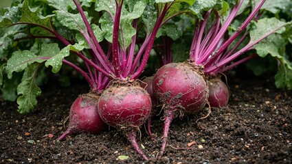 Fresh purple beets on soil with dew dropped green leaves