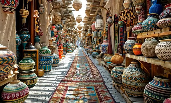 Old narrow street of the traditional Asian Bazaar Market. Small shops are selling ceramics, carpets, spices fruits and souvenirs