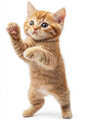 Fototapeta premium Playful ginger kitten standing upright on hind legs in a white background studio shot with bright lighting and curious expression