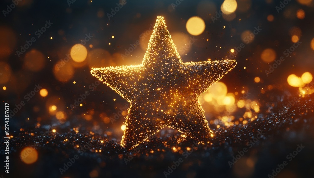 Poster glittering golden star on a dark background with magical bokeh lights creating an enchanting and fes