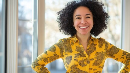 Smiling woman in yellow blouse stands confidently by window, showcasing positive vibe and professional attitude in modern workplace setting.