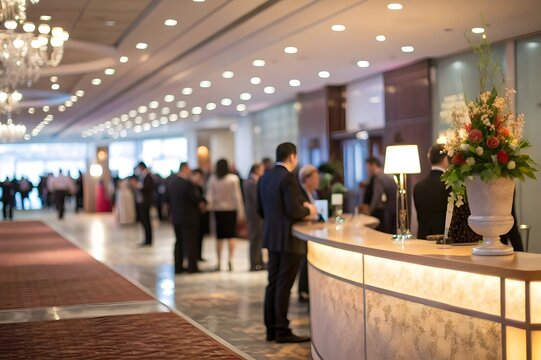 Dubai. In the summer . Modern and bright interior in the hotel Grosvenor House. A women stand at the hotel reception. Bouquets of flowers in interior design. 