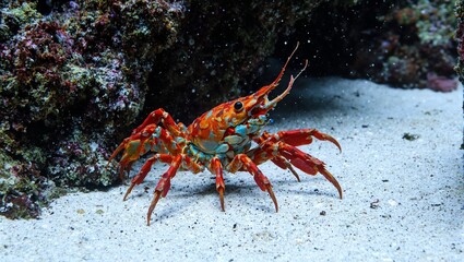 Vibrant reef lobster moving among coral seeking shelter