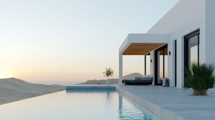 Luxurious desert villa overlooks vast sand dunes with an infinity pool, golden hues of sunset creating a serene atmosphere