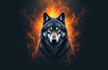 Mystical wolf illustration with intense look against backdrop of fiery smoke on black background. Wild animal predator portrait in graphic art design. Geometric modern style carnivore mascot sign.