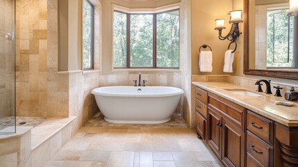 Fototapeta premium minimalist interior design neutral colors wood elements Modern bathroom with a freestanding tub, wooden vanity, and large windows for natural light.