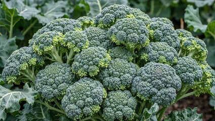 Fresh broccoli florets perfectly arranged in a garden scene