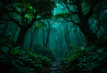 Forest with mist and green scary vibes