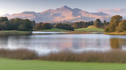 Fototapeta premium Tranquil Lake Reflections Under Majestic Mountain Peaks in Pastel Light