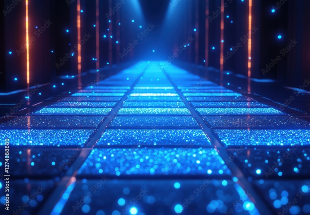 Poster glowing pathway of sparkling blue light with digital particles in a futuristic setting for creative 