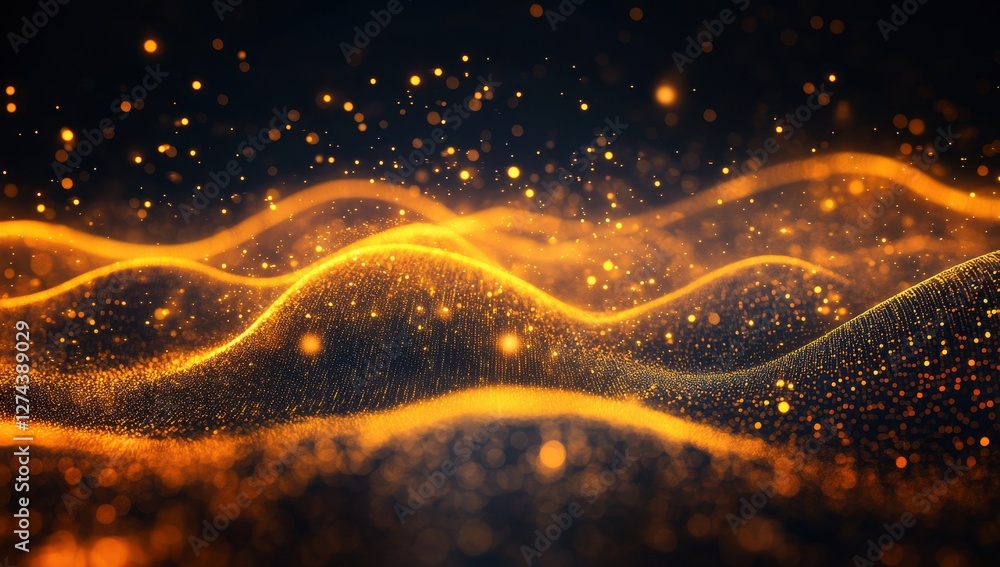 Aufkleber glowing waves of light with sparkles and soft curves in dark background, perfect for abstract design