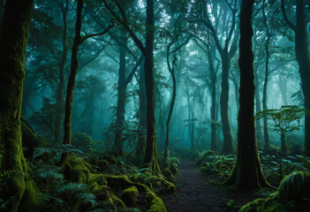 Obraz premium Forest with mist and green scary vibes