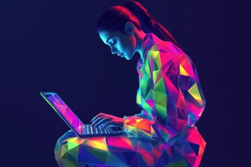 A vibrant polygonal woman sits using a laptop, illuminated by neon lights in a dark setting.