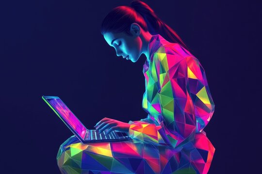 A vibrant polygonal woman sits using a laptop, illuminated by neon lights in a dark setting.