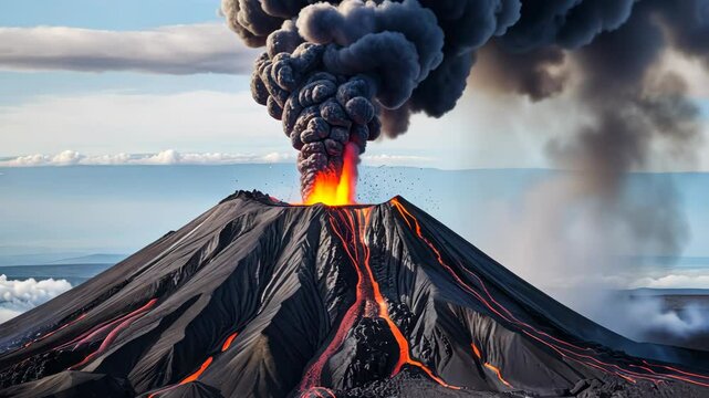 4k footage of an erupting volcano on an island during the day