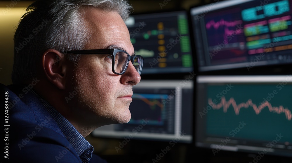 Poster stock trader analyzing market trends on multiple screens with financial data charts in a modern offi