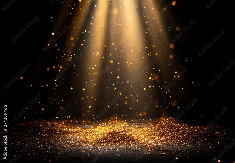Poster golden dust particles rising in illuminated beams of light against a dark background, capturing the 
