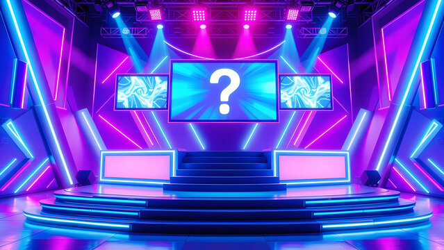 Colorful futuristic game show stage with bright lights and question mark, ideal for television, entertainment, and quiz show set design.