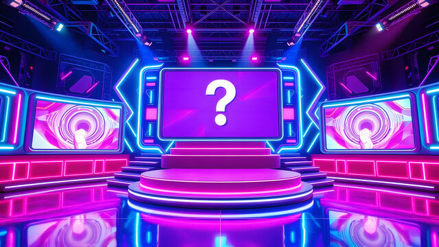 Colorful futuristic game show stage with bright lights and question mark, ideal for television, entertainment, and quiz show set design.