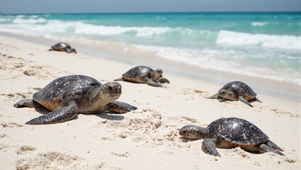 Tropical beach scene with sea turtles nesting and hatchlings entering the ocean