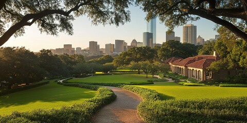 Fototapeta premium Scenic view of a city skyline through lush green park at sunset with vibrant trees in the foreground
