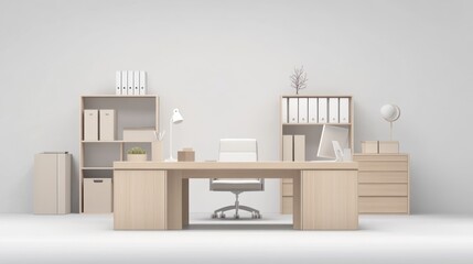 Minimalist office interior design, workspace, desk, computer, light background, modern workplace