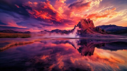 Stunning sunset over mountains with vibrant clouds and reflected colors in calm lake, perfect for nature and landscape photography enthusiasts.