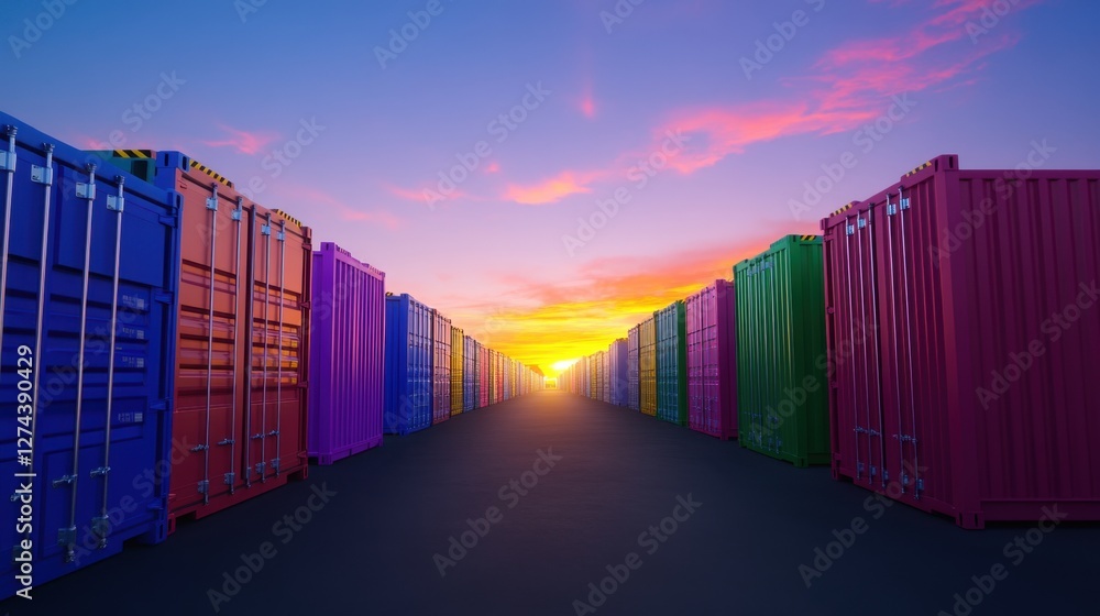 Poster sunset silhouettes between containers. a golden-hour shot capturing shadows and light play between s