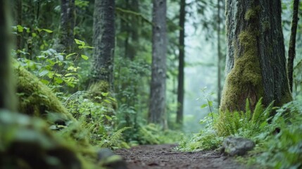 Fototapeta premium Hiking trail winds through a misty rainforest, with dense green foliage and majestic moss-covered trees creating a tranquil escape