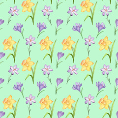 Seamless pattern of spring flowers and leaves. Watercolor daffodils and crocuses. Hand painted, isolated on white background.
