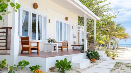 Fototapeta premium Cozy beachfront bungalow featuring spacious terrace, white walls, and tropical scenery under natural light, perfect for relaxation