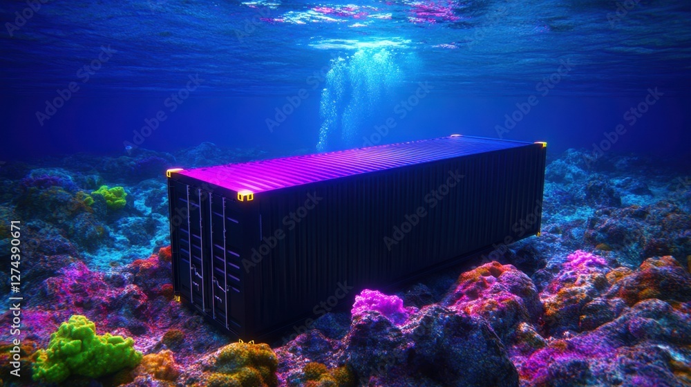 Poster underwater container observatory. a submerged research lab made from reinforced shipping containers.