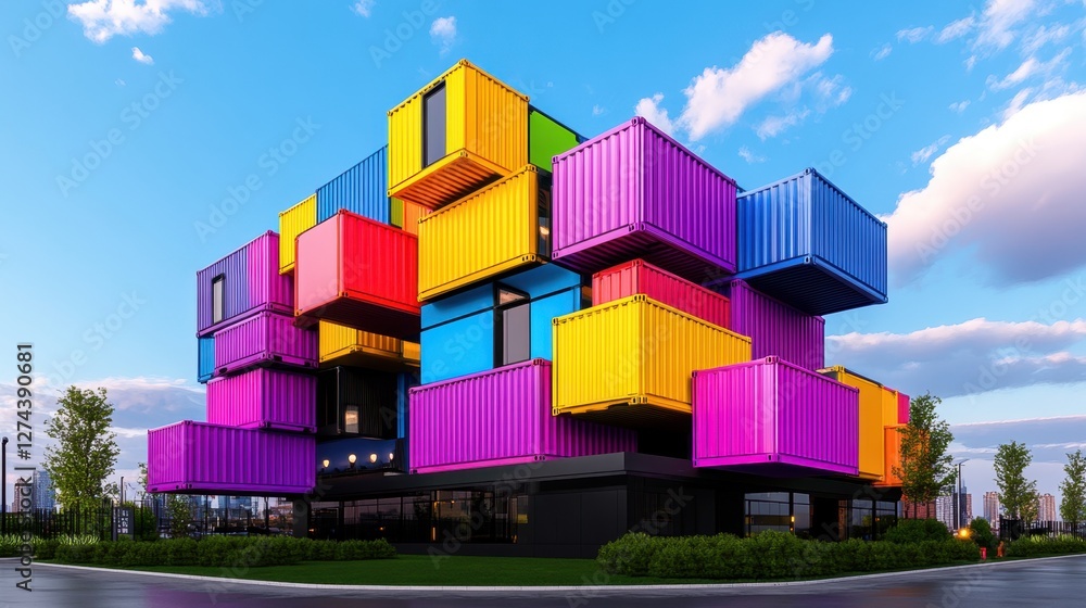 Poster shipping container train station. a futuristic transport hub designed with stacked containers as wai