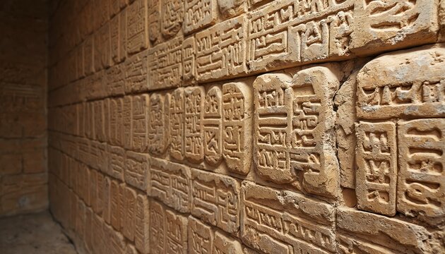 Ancient civilization cuneiform hieroglyphs carved on old stone wall. Undeciphered Sumerian Babylonian Egyptian writing signs. Concept of mystery script puzzle secret antiquity artifact background.