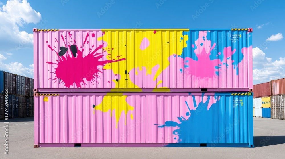 Poster paint-splattered containers. a unique art piece featuring splashes of color over stacked shipping co