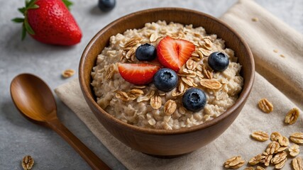 Avena integral con fresas y arándanos frescos, acompañada de granola, servida en un cuenco de madera © jesus