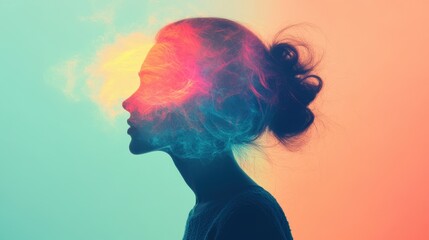 Silhouette of a woman with vibrant energy flowing through her mind representing creativity and mental health on a colorful background