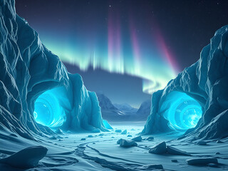 A frozen alien planet with shimmering ice caves, frosty cliffs, and auroras lighting the eternal night sky.