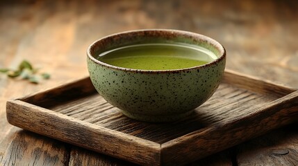 Close up of a small matcha tea cup and powder on a wooden serving tray set against a warm neutral background with plenty of copy space for layout and design