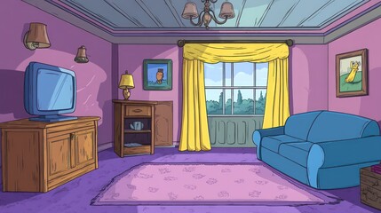 Cartoon living room interior with city view. Possible use Background for animated show or children's book
