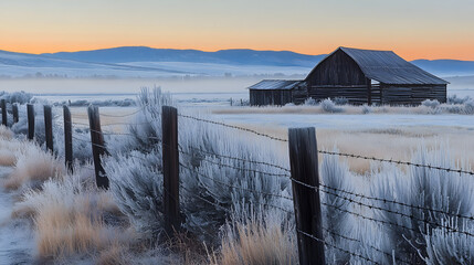 A barbed wire fence with tall grass and snow in the foreground
