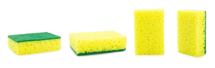 Colorful dish sponges isolated on white background. Kitchen sponge. Cleaning concept, cleaning service. Dishwashing liquid with clean and dirty dishes plate. Place for text, copy space.Wash the dishes