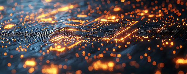 Naklejka premium Abstract closeup of a glowing circuit board, depicting digital innovation and technological advancement.
