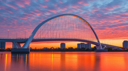 Obraz premium Modern arch bridge sunset cityscape vibrant sky