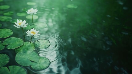 White Water Lilies on Dark Green Pond, Tranquil Summer Scene