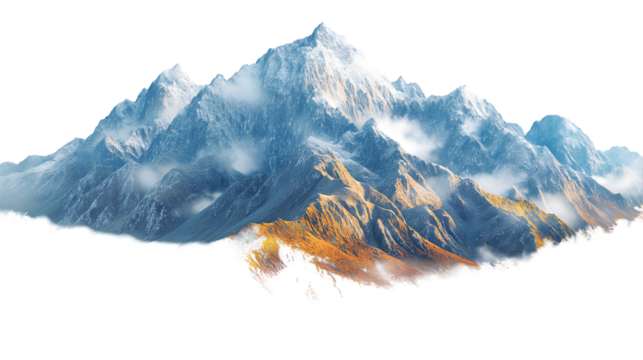 Snowy Mountains in Autumn Breathtaking Landscape, Tranquil Lake with Fall Colors, isolated on transparent background.