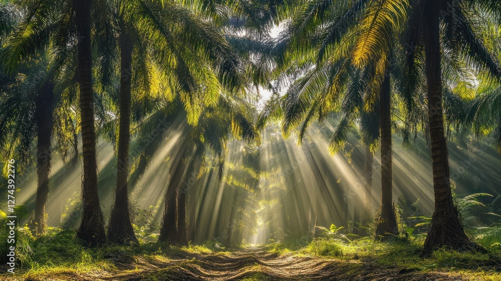 Poster sunbeams illuminate a path through lush palm trees